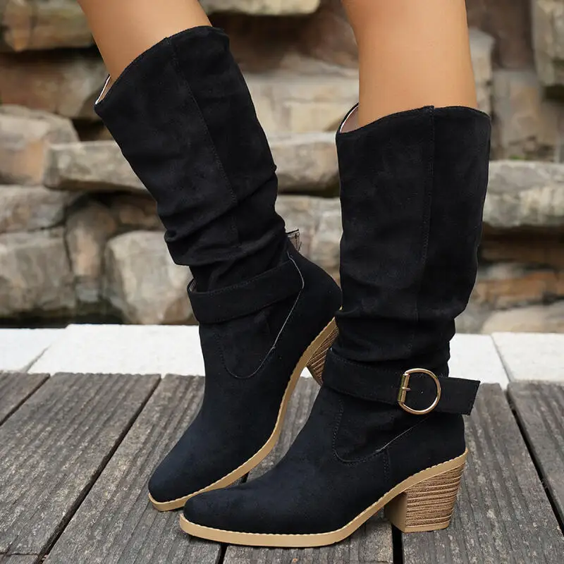 

Vintage Suede Western Cowboy Boots Women 2025 Winter Pointed Toe Thick Heel Knee High Boots Metal Buckle Woman's Long Boots 43