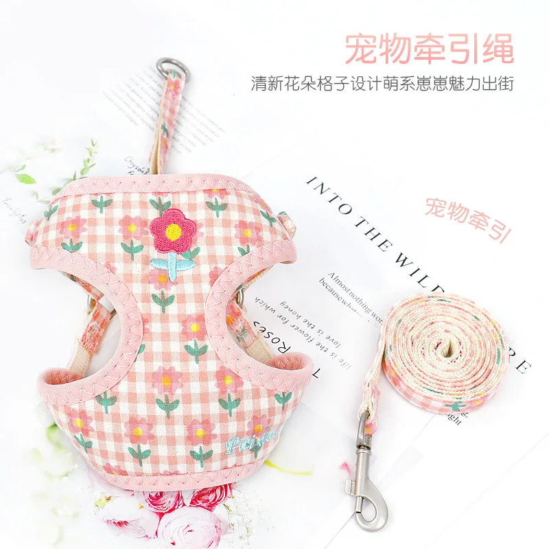 New Ins Pet Chest Strap Floral Vest Embroidered Dog Strap Dogs Leash Leash Pet Supplies Dog Walking Dog Accessories