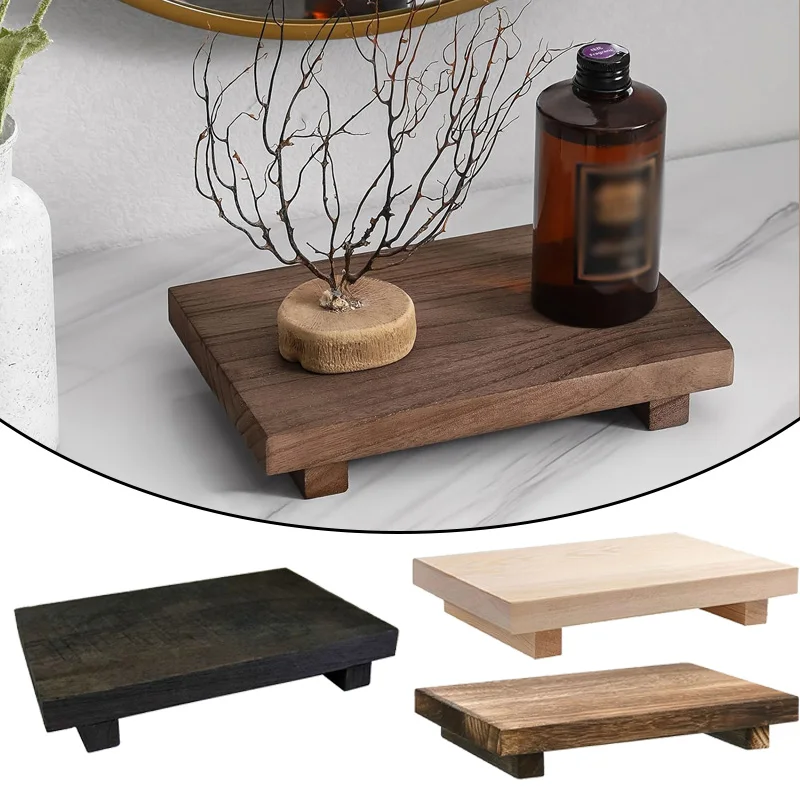 Wood Tray Pedestal Stand Bathroom Decor Wooden Vanity Hands Soap Scented Candle Storage Holder Tray Kitchen Seasoning Holder