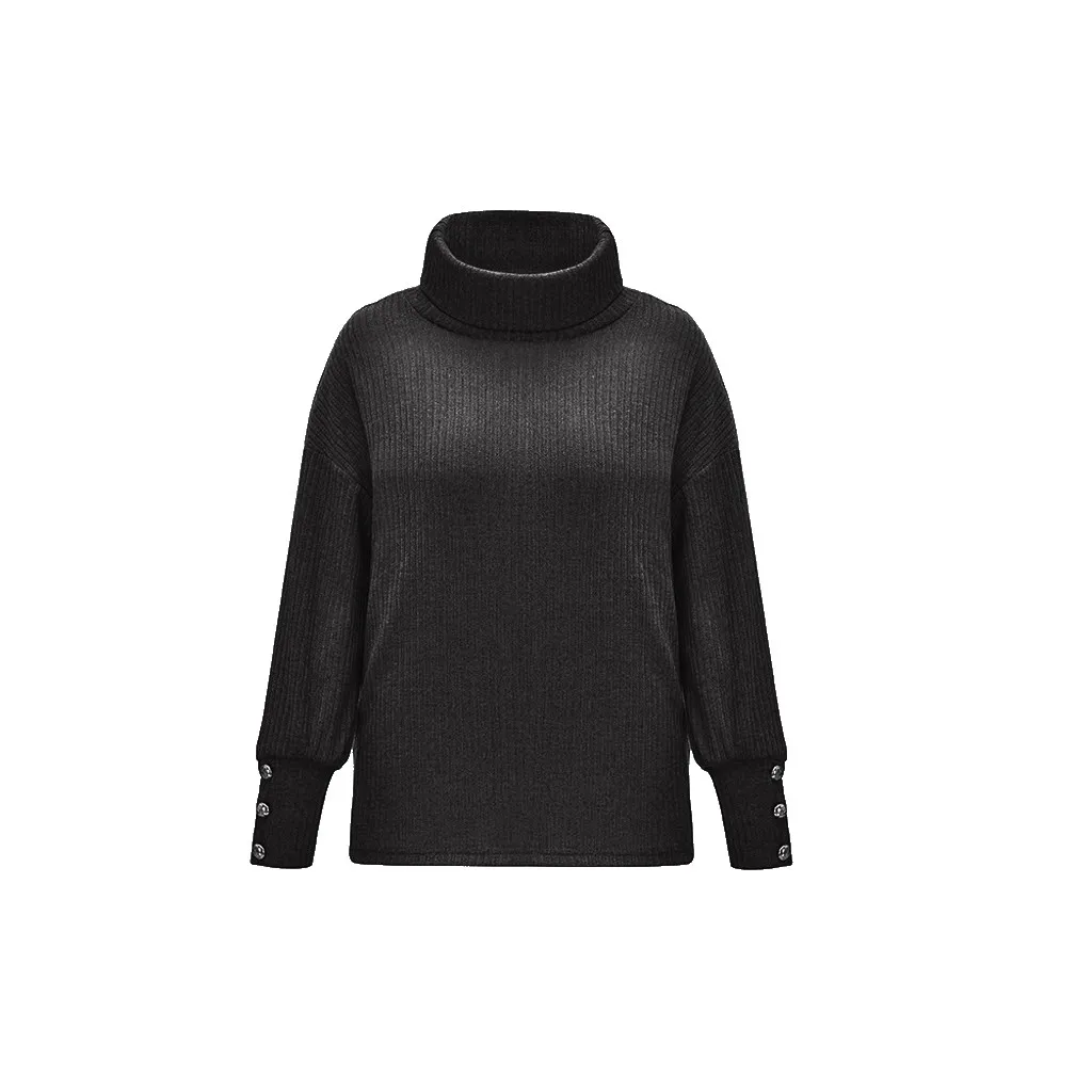 Loose Knitted Turtleneck Sweater Button Long Sleeve Warm Pullover Sweaters Oversized Jumper Female Solid Color O-Neck Knitwear