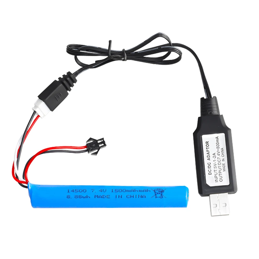 7.4V 1500mAh 14500 Li-ion battery with USB Charger For water gun 2S 7.4V battery for RC Electric Toys Mini Airsoft BB Guns Parts