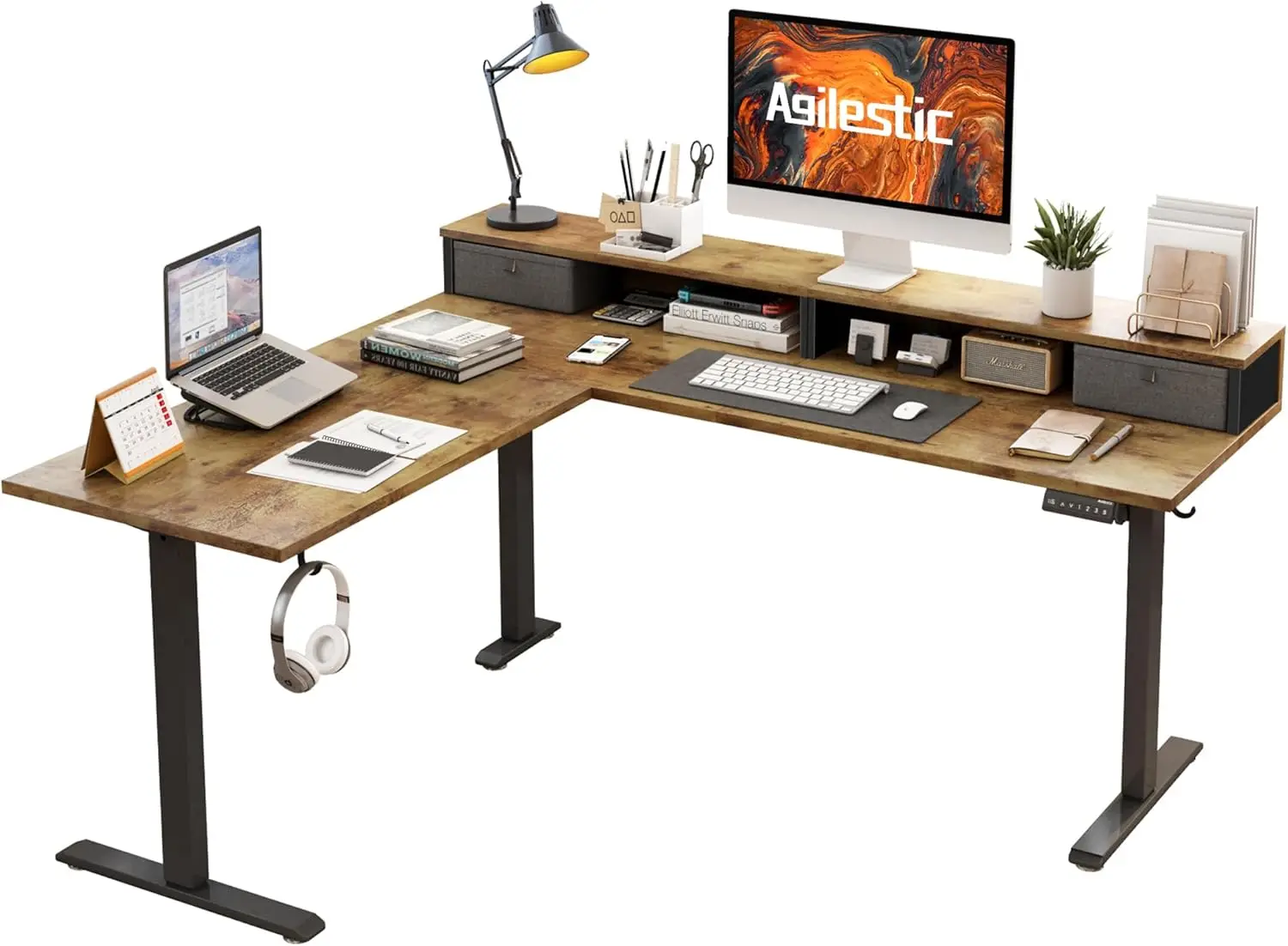Mesa de pé elétrica em formato com 2 gavetas, mesa ergonômica de altura ajustável de 63 polegadas