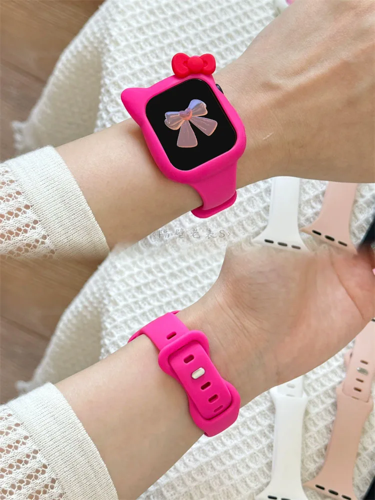 Y2K Cute Cartoon Bow Strap + Case Soft Silicone For Apple Watch Band Ultra2 44 42 38 40 Correa Band For Watch Series 9 7 SE 6 5