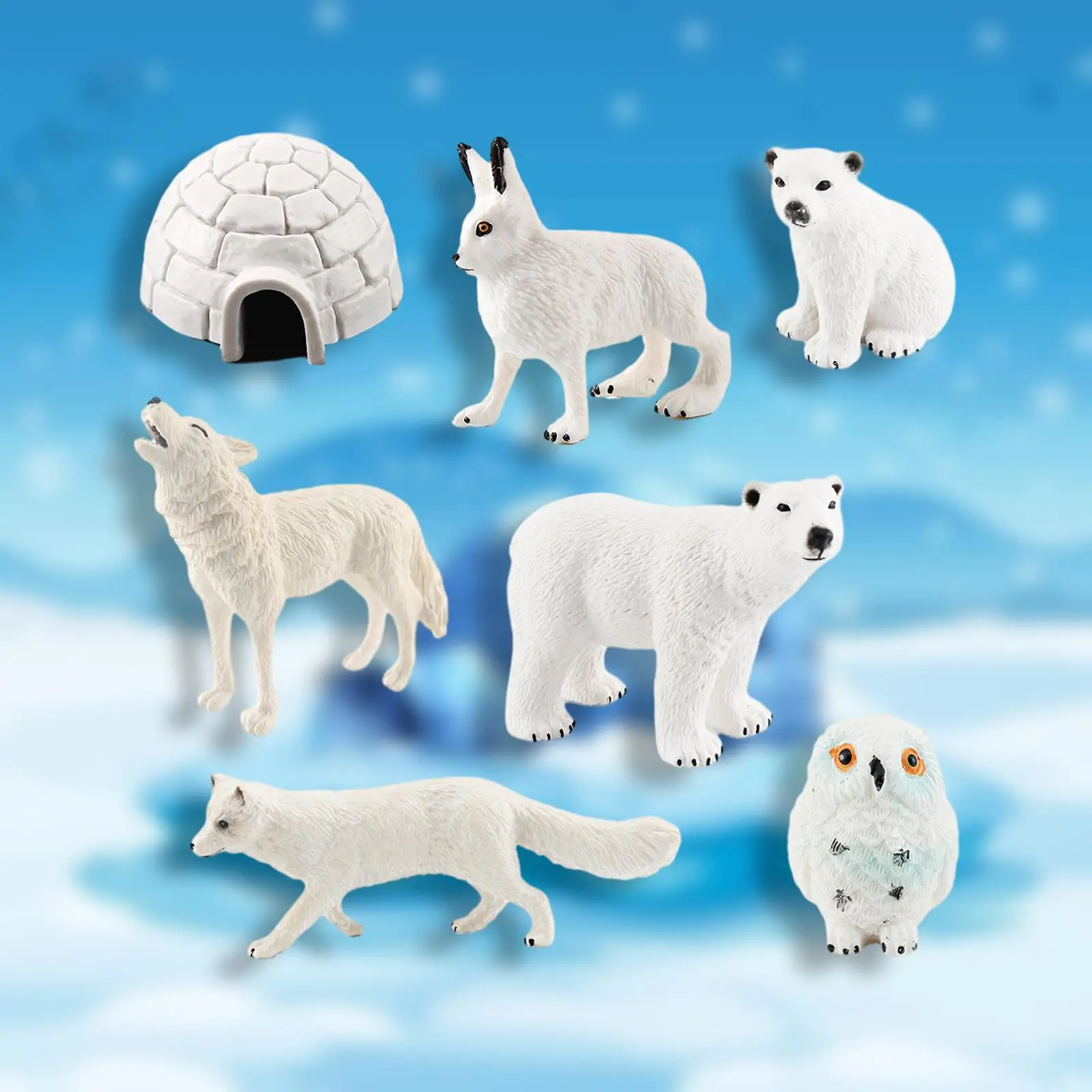 7Pcs Arctic Animals Toy Figurines Set Includes Arctic Bear Family, Igloo,