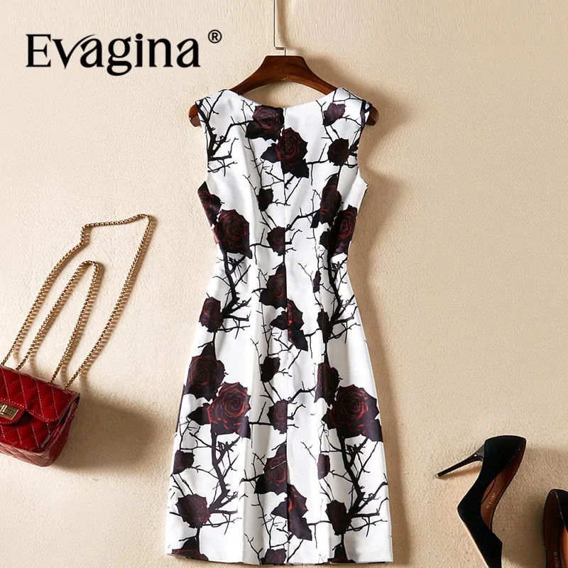 Evagina Fashion design Spring Summer Women's O-Neck Sleeveless Rose Printing Streetwear Pretty Slim A-Line Mini Dresses