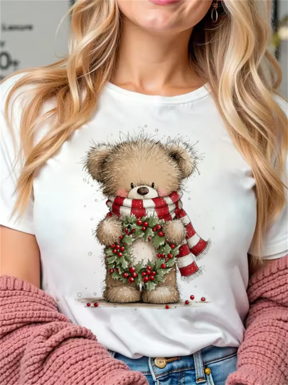 شجرة عيد الميلاد نمط السنة الجديدة تي شيرت مطبوعة المرأة الكرتون لطيف مطبوعة أعلى الأساسية عارضة المرأة قصيرة الأكمام تي شيرت أبيض