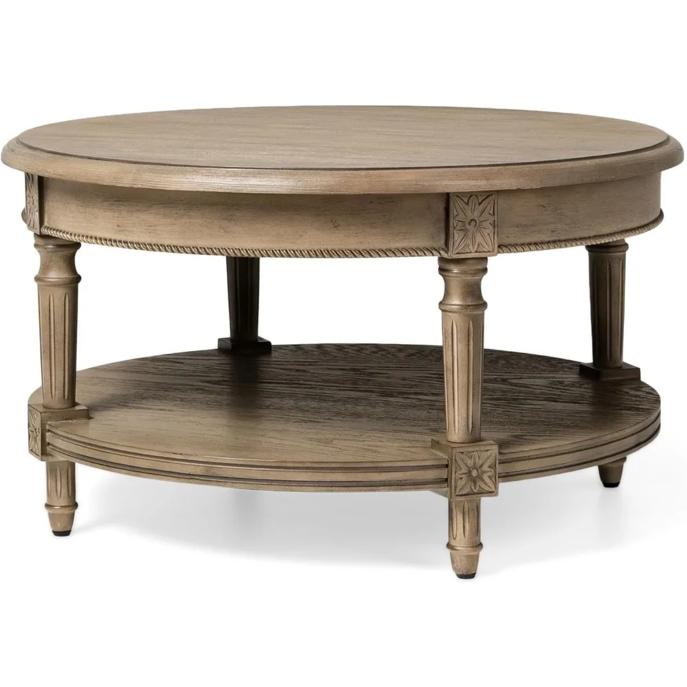 Pullman Large Curved 2 Tier Traditional Round Circle Wooden Center Coffee Table with Shelf Storage in Rustic Antiqued Finish