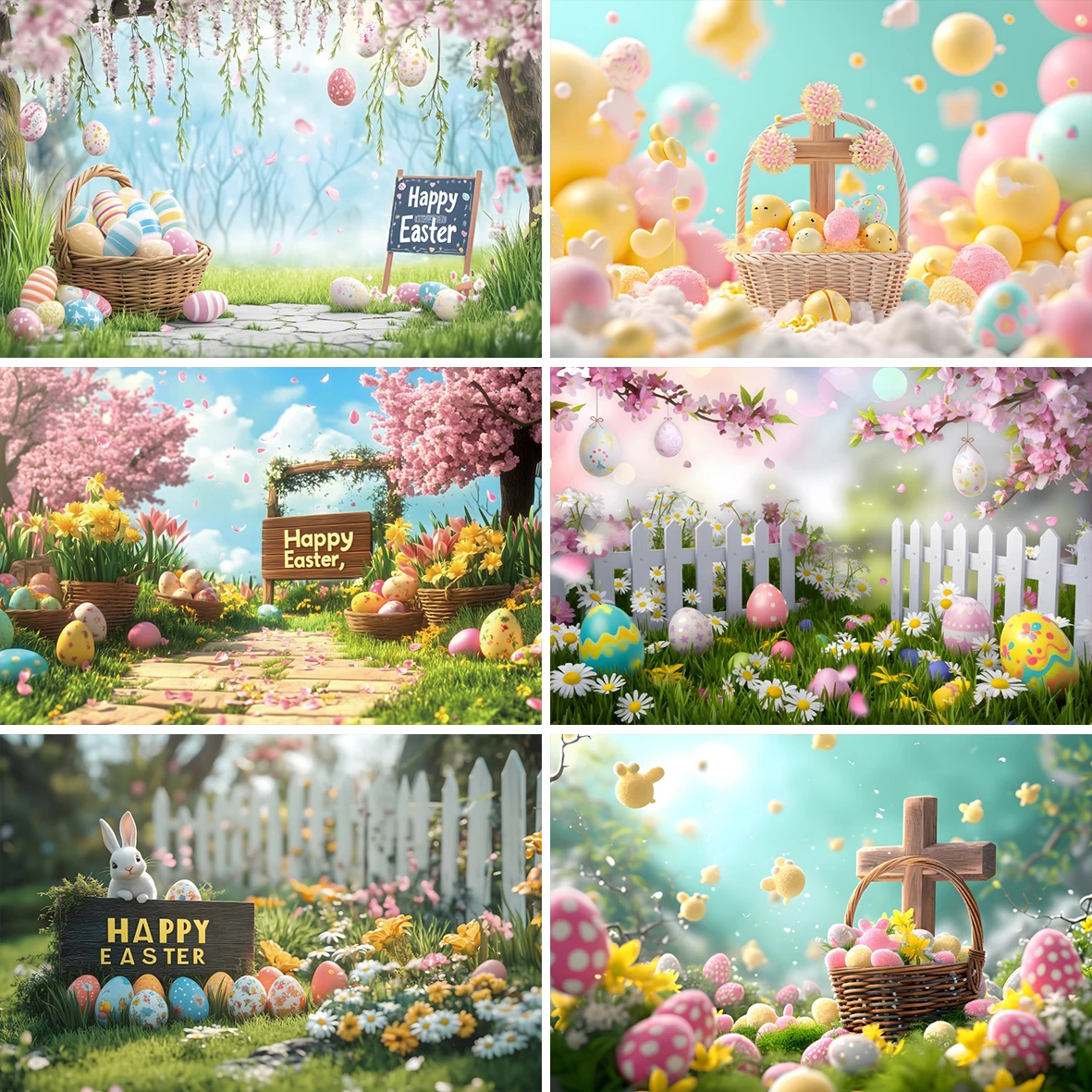 Happy Easter Spring Gardens Blooming Flowers Photography Background Colorful Easter Eggs Bunny White Fence Child Party Backdrop