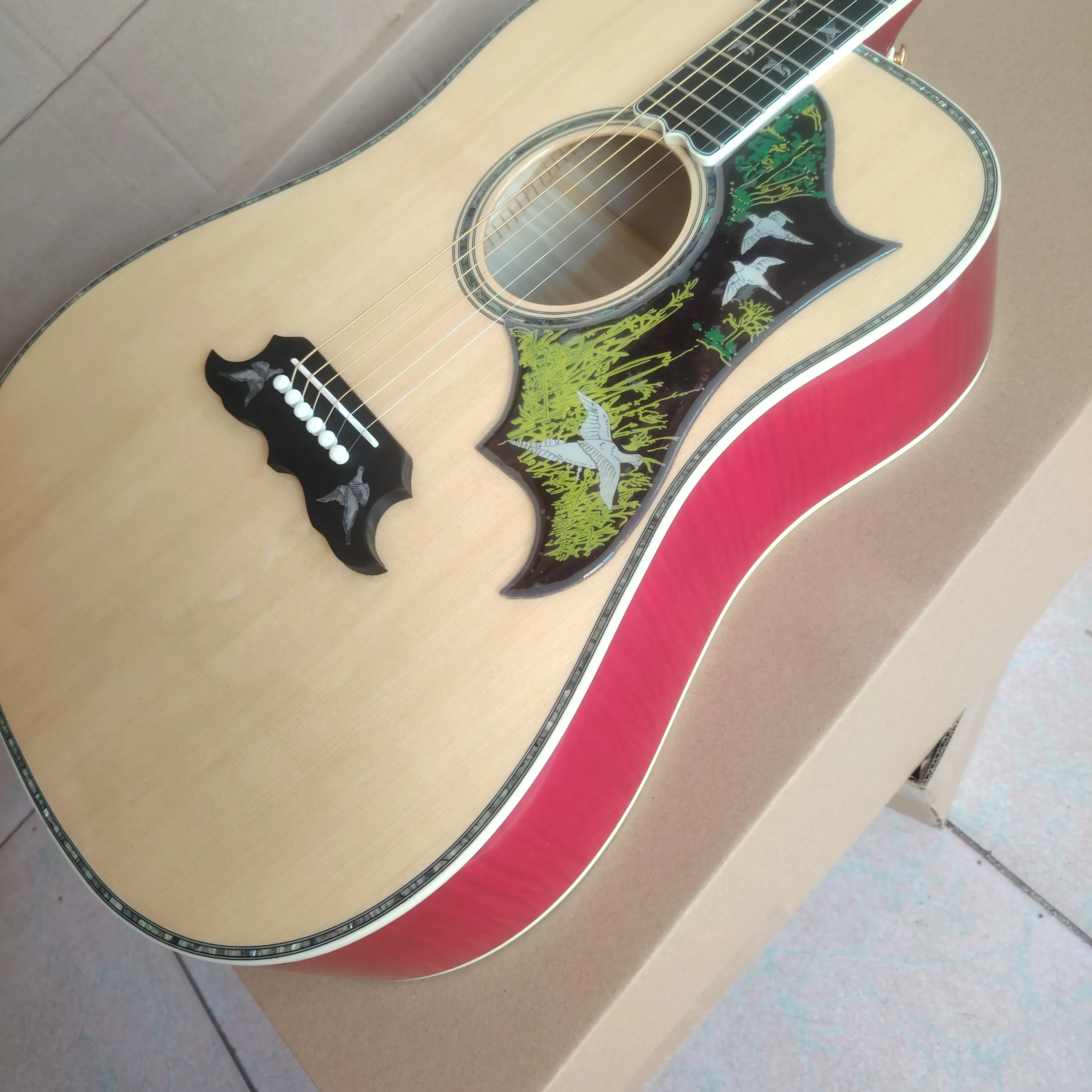 

HOT! Pigeon flock, natural wood color acoustic folk guitar, 3A flame maple neck, side back flame maple top