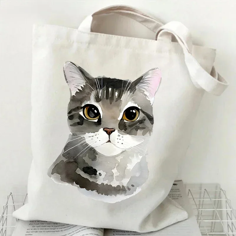 Lovely Pet Cat Graphic Canvas Tote Bag Mixed Kitten Pattern Reusable Large‑Capacity Casual Daily Shopping Shoulder Tote Bag
