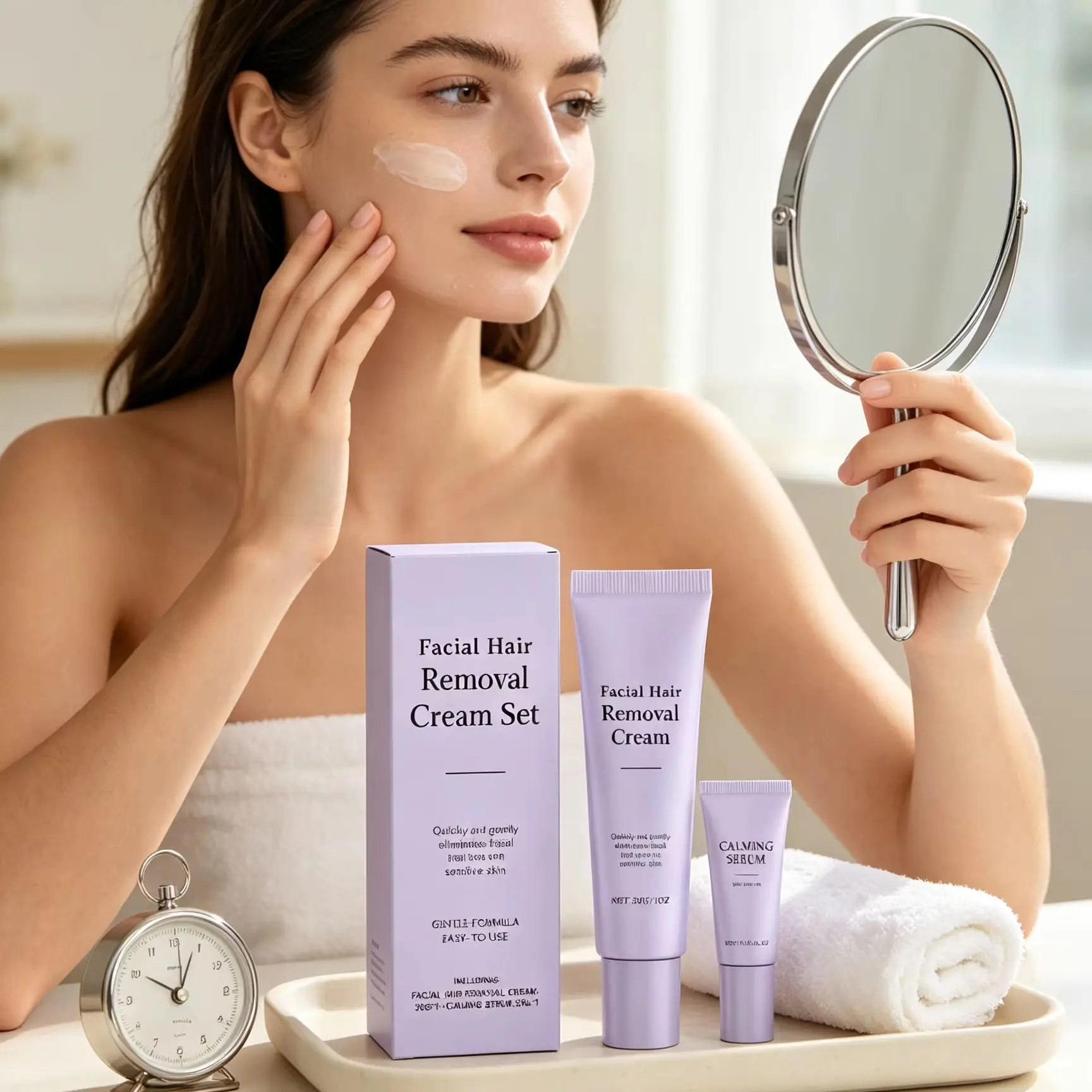 Facial Hair Removal Cream with Calming Serum Sensitive Skin Non-irritating Painless Upper Lip Depilatory Cream for Face Care 30g