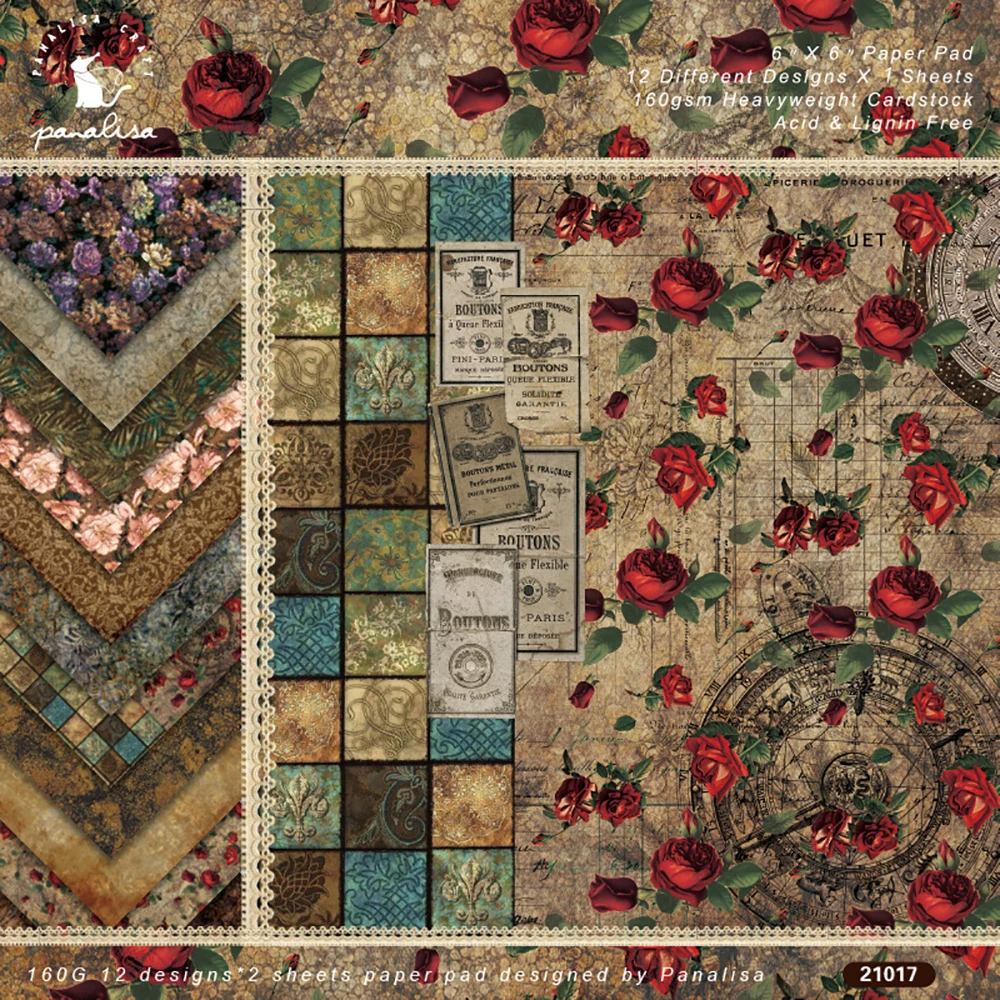 12 Sheets 6"X6" Vintage Patterned Paper Pad Scrapbooking Paper Pack Handmade Craft Paper Craft Background Pad Card