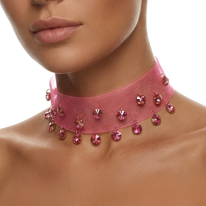

Net Fabric Full Diamonds Necklace Crystal Rhinestone Drop Choker Tulle Lace Collar Y2k Party Jewelry Cute Gift For Women