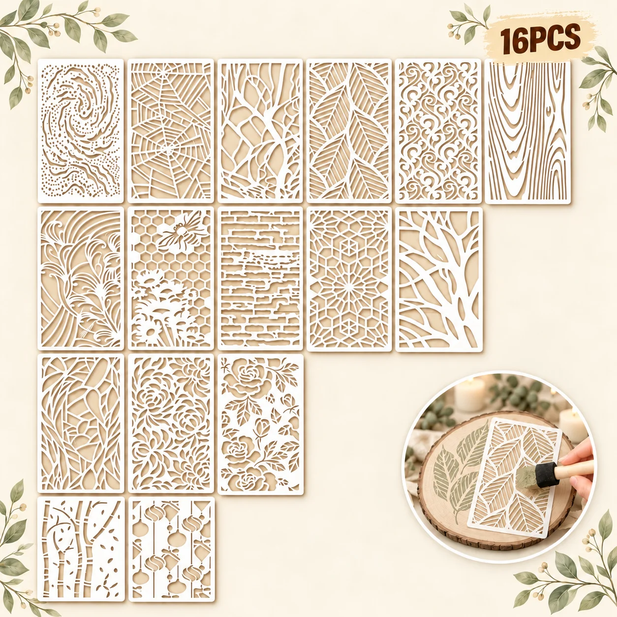 16Pcs Fall Texture Stencils Reusable PET Stencils for Painting Background Pattern Craft Templates Wall Wood Fabric Decor