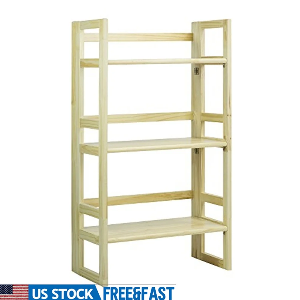 

3 Shelf Folding Bookcase Student Dorm Room Office Natural Wooden Bookshelves Collapsible Storage Organizer Modern Design
