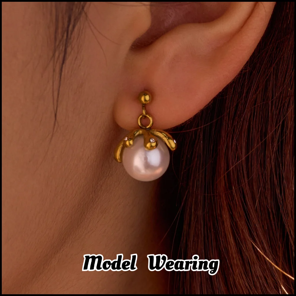 Stainless Steel French Petals Pearl Earrings Plated 18k Gold Color Non Tarnish Waterproof Trendy Jewelry Earrings For Women Gift