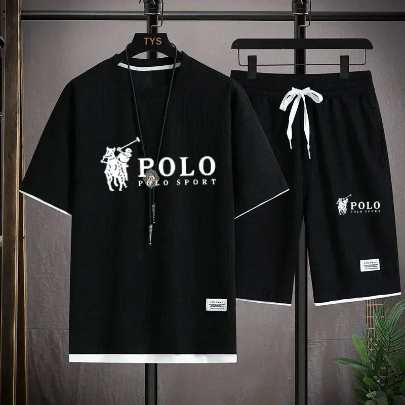 2026 Men's Summer Waffle 2 Piece Set Short Sleeve T-Shirt Sports Shorts Fashion Breathable Casual Tracksuit Gym Running Clothing view 2