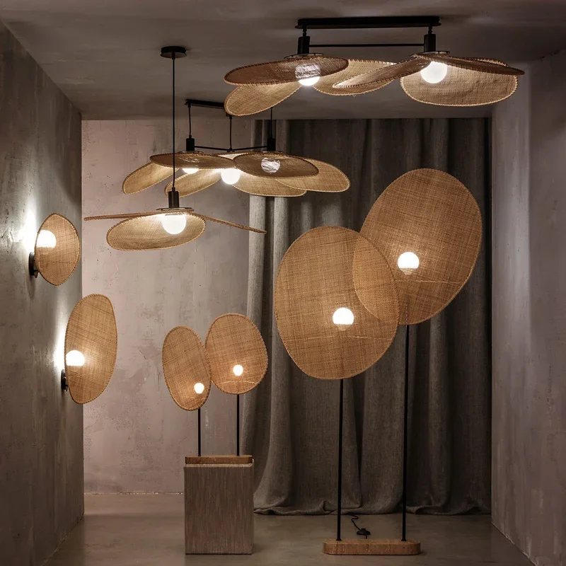 

Japanese Handmade Floor Lamp Vintage Led Fabric Floor Light Living Room Bedroom Corner Sofa Rattan Petal Pendant Light