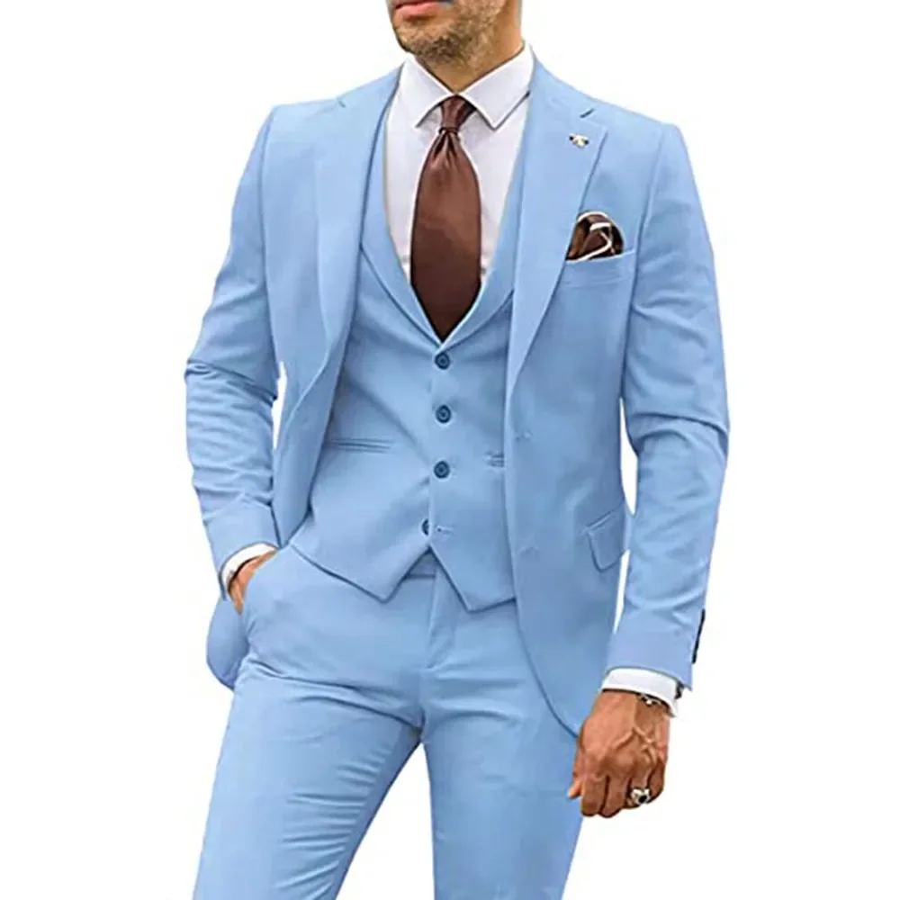 

Lansboter Sky Blue Men Suit 3 Pieces Set Slim Notched Lapel Business Casual Wedding Party Groom Tuxedos Blazer Vest With Pants