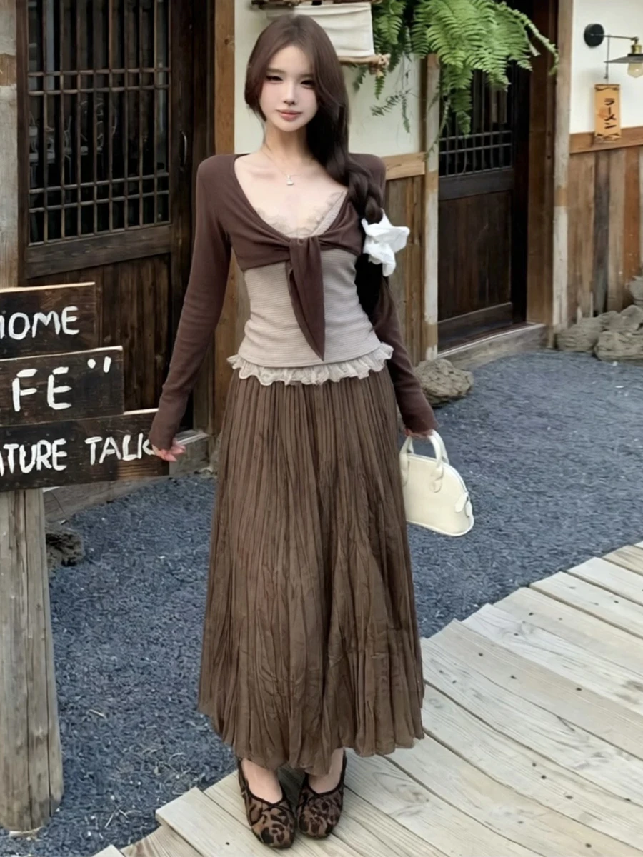 American Hot Girl Style Long Sleeve Wrap Cardigan Top Loose Slimming Half Skirt Three Piece Set Casual Wear for Women