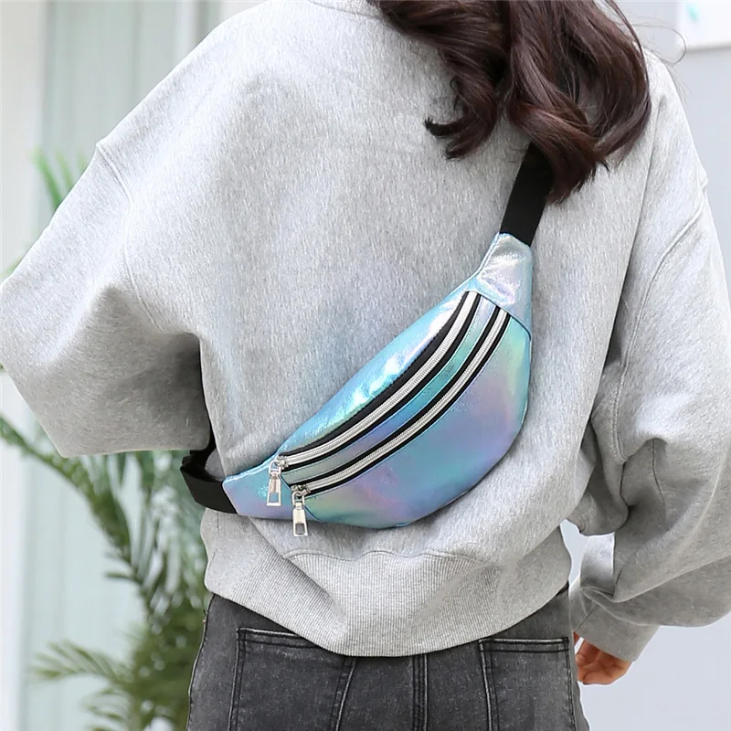 Holográficos Fanny Packs para homens e mulheres, Unisex Sliver Laser Cintura Bolsas, Geométrica Peito Telefone Bolsa, PU Beach Travel Bum, Zip Waistbags