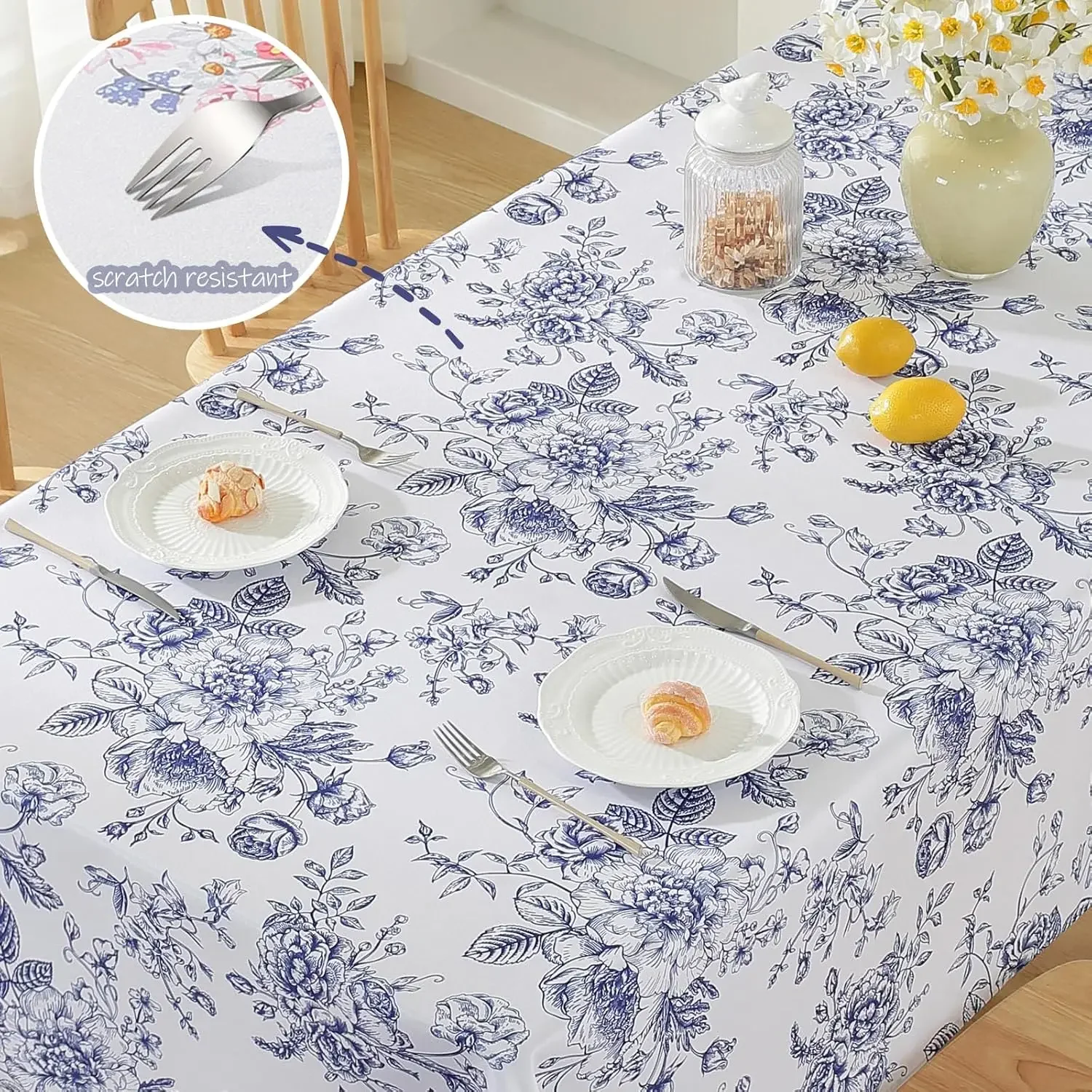 Blue White Floral Printed Rectangle Tablecloths Home Party Decor Reusable Waterproof Table Cloth for Holiday Wedding Table Decor