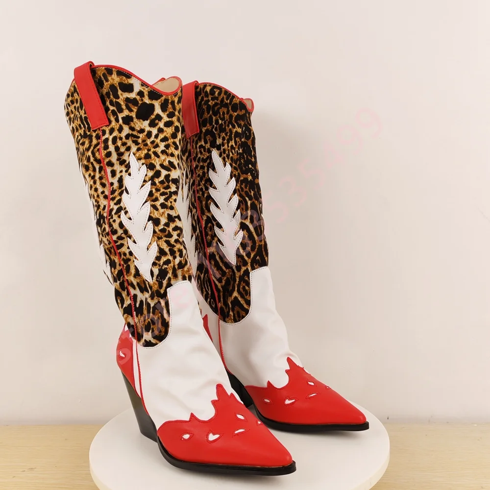 

Pointed Retro Leopard Print Mixed Color Knight Boots 2025 Autumn Thick Heel Long Boot Street Casual Women's Western Cowboy Boots