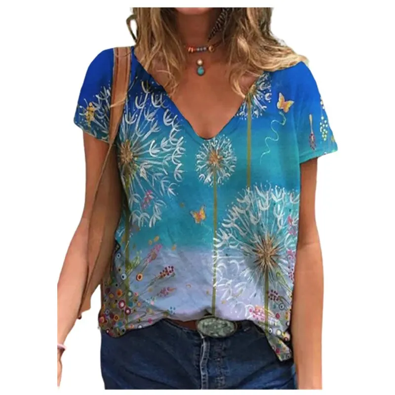 Summer Flower Print Women V-Neck T-Shirts Casual Pullover Loose Short Sleeves Oversized Tee Shirt Female Fashion Clothing 2024