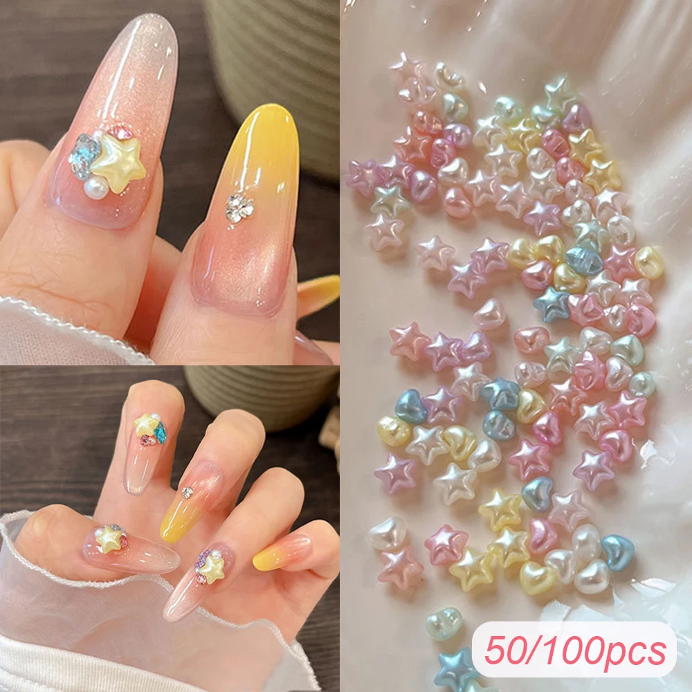 50pcs Candy Colored Pearlescent Pentagram Nail Art Charms 3D Cute Macaron Heart&five-pointed Star Nail Rhinestone For Decoration