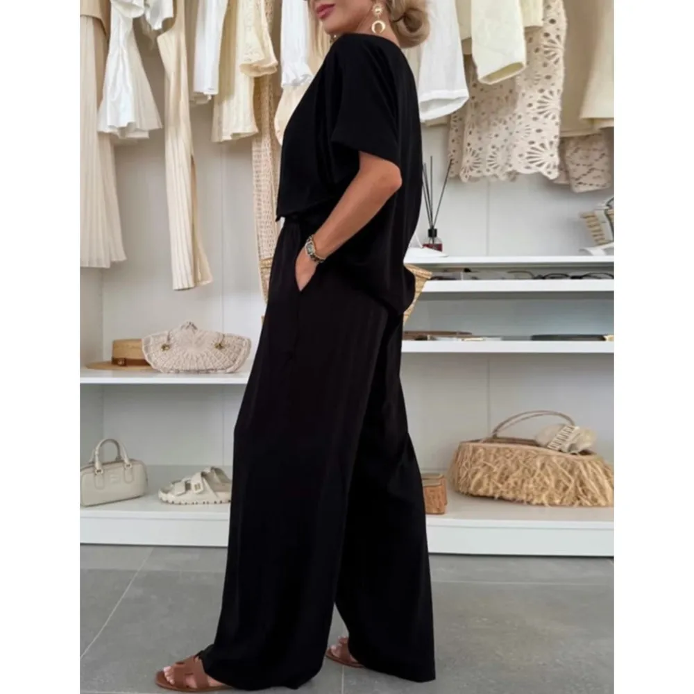 Estate Nuovo Casual O Collo a maniche corte Pantaloni lunghi da donna Set Moda Lace-up Allentato Pantaloni lunghi a gamba larga Ufficio femminile Set da 2 pezzi
