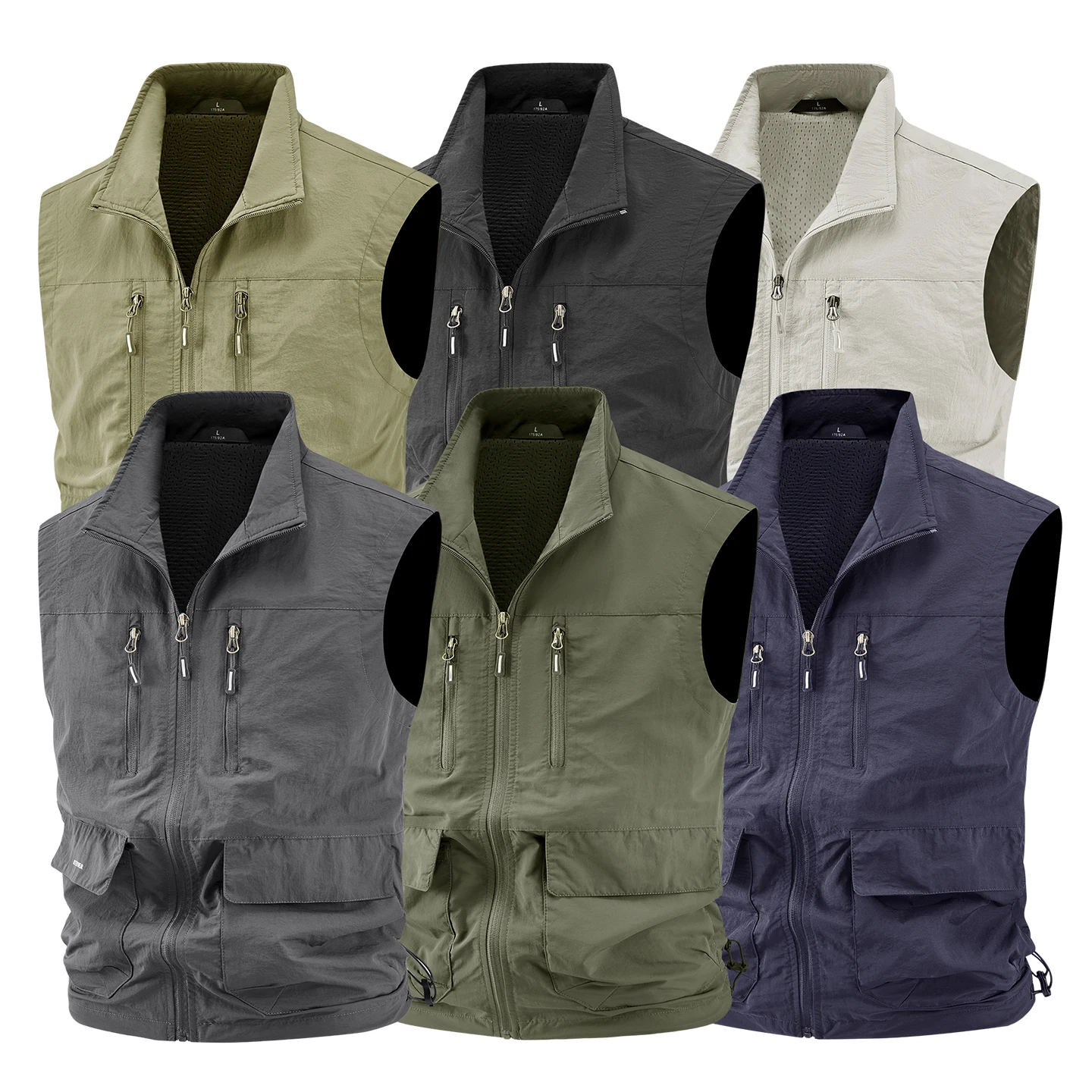 Plus Size Men Lightweight Outdoor Sleeveless Vest Stand‑Collar Multi Zipper Pockets Windproof Adjustable Hem Hiking Fishing Trav