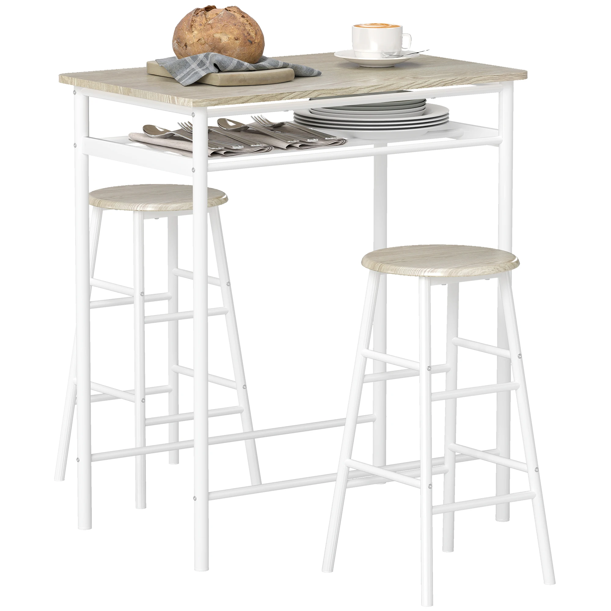 Mesa de café HOMCOM Together com banqueta, mesa de jantar alta com 2 cadeiras, prateleira e pés de metal, estilo industrial.