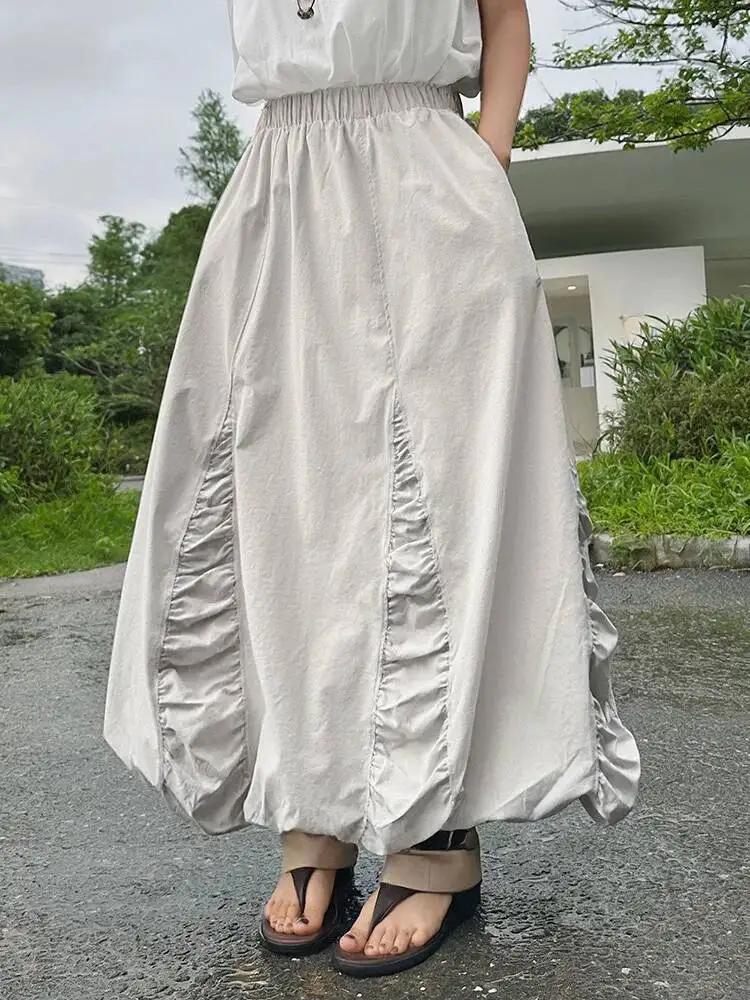 High Elastic Waist Apricot Pleated Casual Bud A-line Half-body Skirt Women Fashion Tide New Spring Autumn