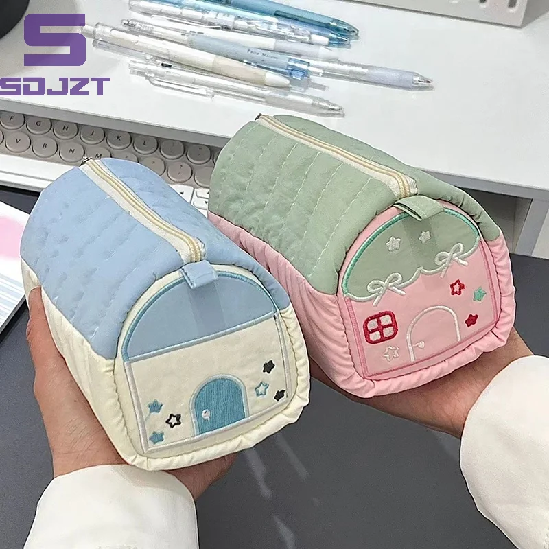 1PC Multi Functional Embroidery Stationery Box Large Capacity Pen Bag Simple Stationery House Pencil Case Cotton Pen Storage Bag