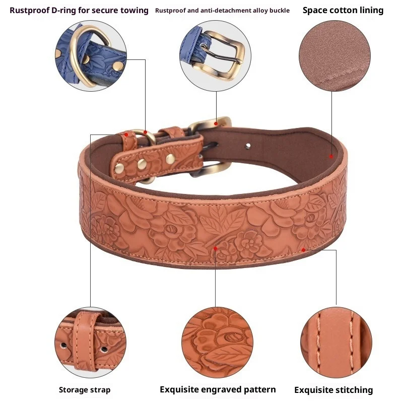 Dog Collar PU Leather Embossed Pet Collar Medium Large Space Cotton Dog Collar