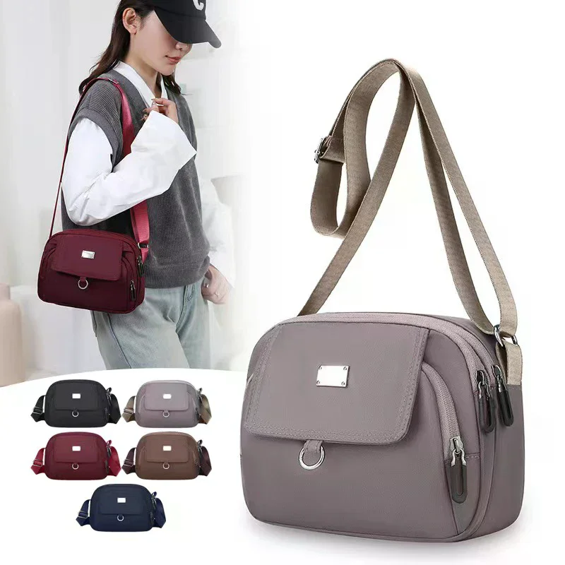 

Chic & Lightweight Nylon Crossbody Bag for Women, Mini Casual Handbag with Multiple Zip Pouches for Daily Usage
