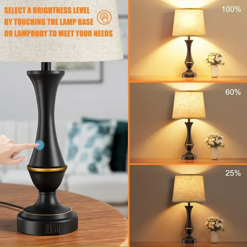 Touch Lamp 2 Piece Set-Bedside Table Lamp with USB C A, 3-Way Dimmable Living Room Bedside Lamp 스탠드 조명  lampara colgante