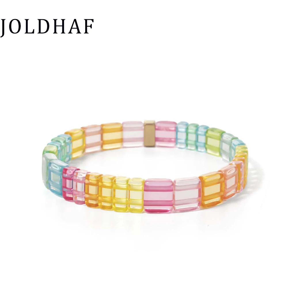 Wholesale Colorful Elastic Bracelets Handmade Acrylic Square Shape  Crystal Bracelets For Women Bohemian Rainhow Bracelets