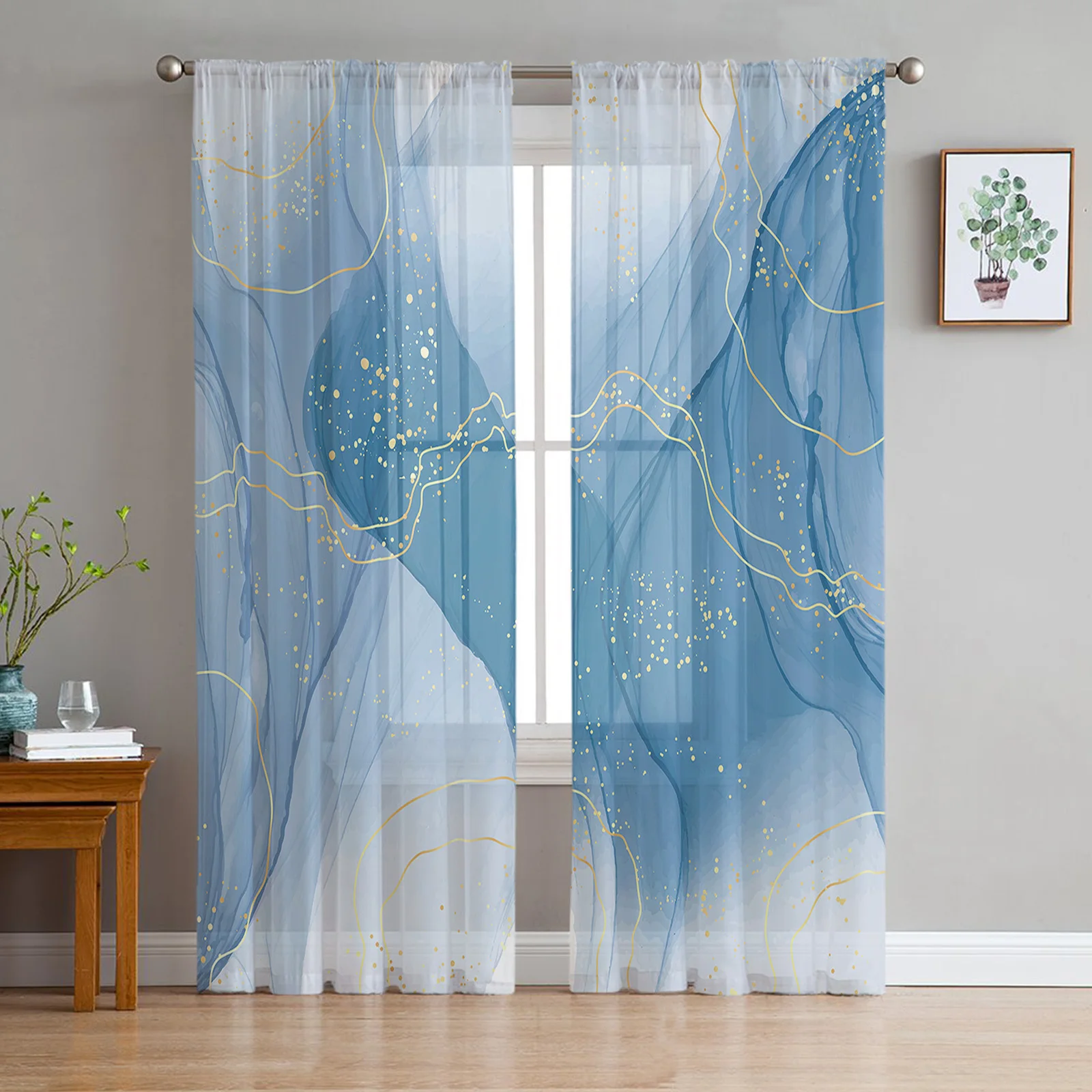 Marble Line Gold Gradient Overlap Blue Voile Sheer Curtains Living Room Window Tulle Curtain Kitchen Bedroom Drapes Home Decor