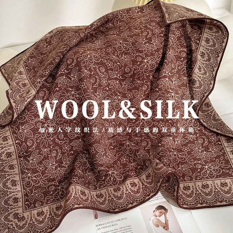 

70% wool 30% Silk Scarf Square for Women Office Neck Scarves Print Luxury Neckerchief Bandana Spring Foulard Female Shawl 65cm