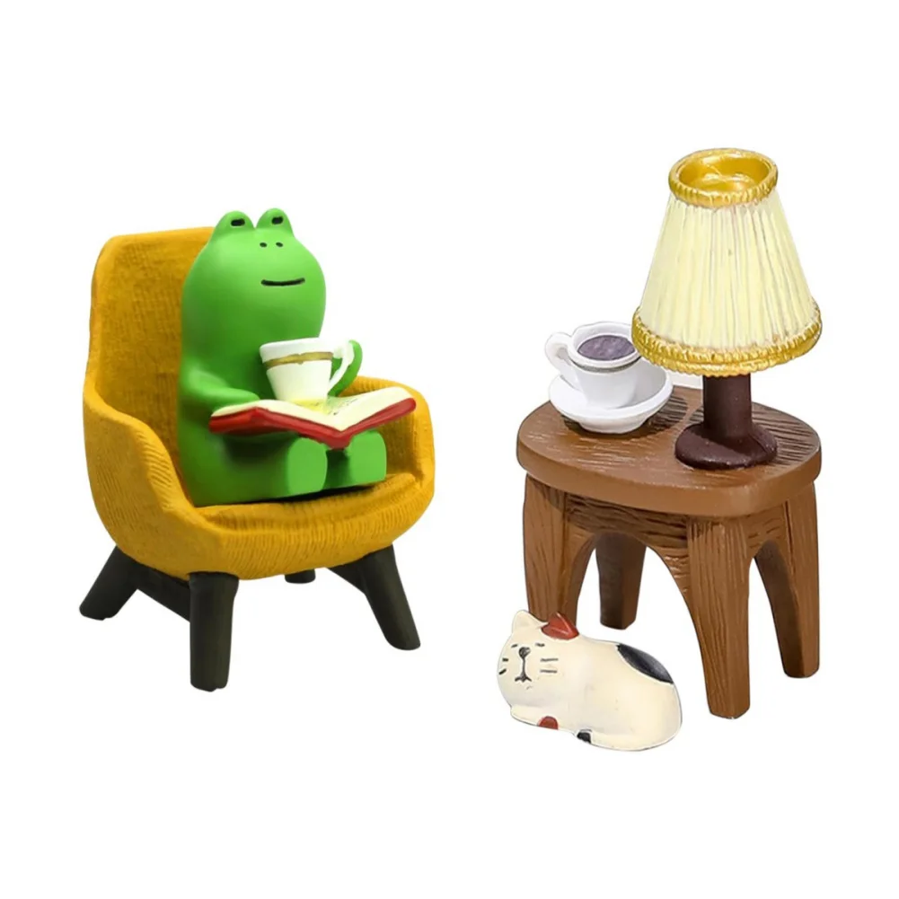 Cartoon Frog Cat Table Ornaments Home Decor (Sleeping Cat + Coffee Frog + Table + Yellow Sofa)