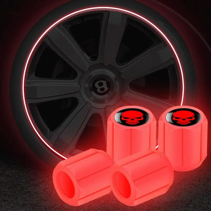 4pcs Luminous Car Valve Caps Fluorescent Night Glowing Car Motorcycle Bicycle Bike Wheel Tyre Hub Luminous Valve Stem Caps Decor