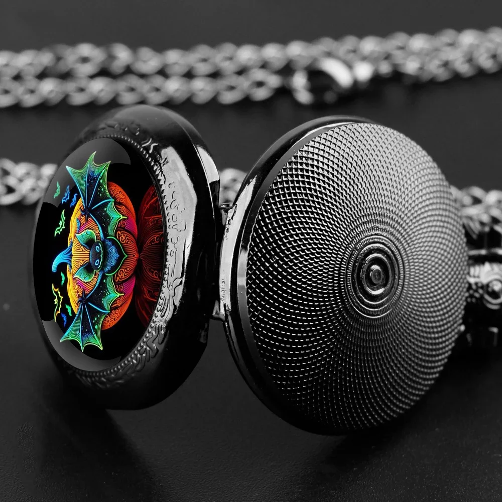 Cartoon Pumpkin Bat Glass Dome Pocket Watch Durable Chain Arabic Dial Perfect Halloween Gift for Kids