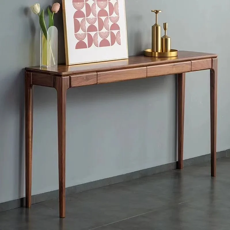 Nordic solid wood entrance table, a long table with drawers against the wall, a narrow rubberwood control console