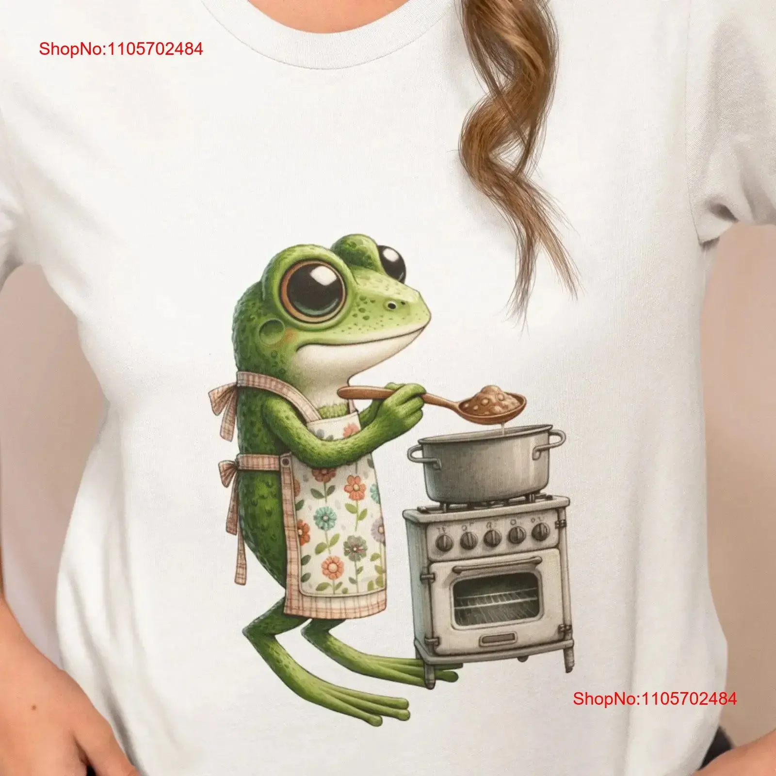 Charming Kitchen Frog Chef Apron Illustration T Shirt Top Whimsical Quirky Cook Unique Animal Casual Wear vintage Washed