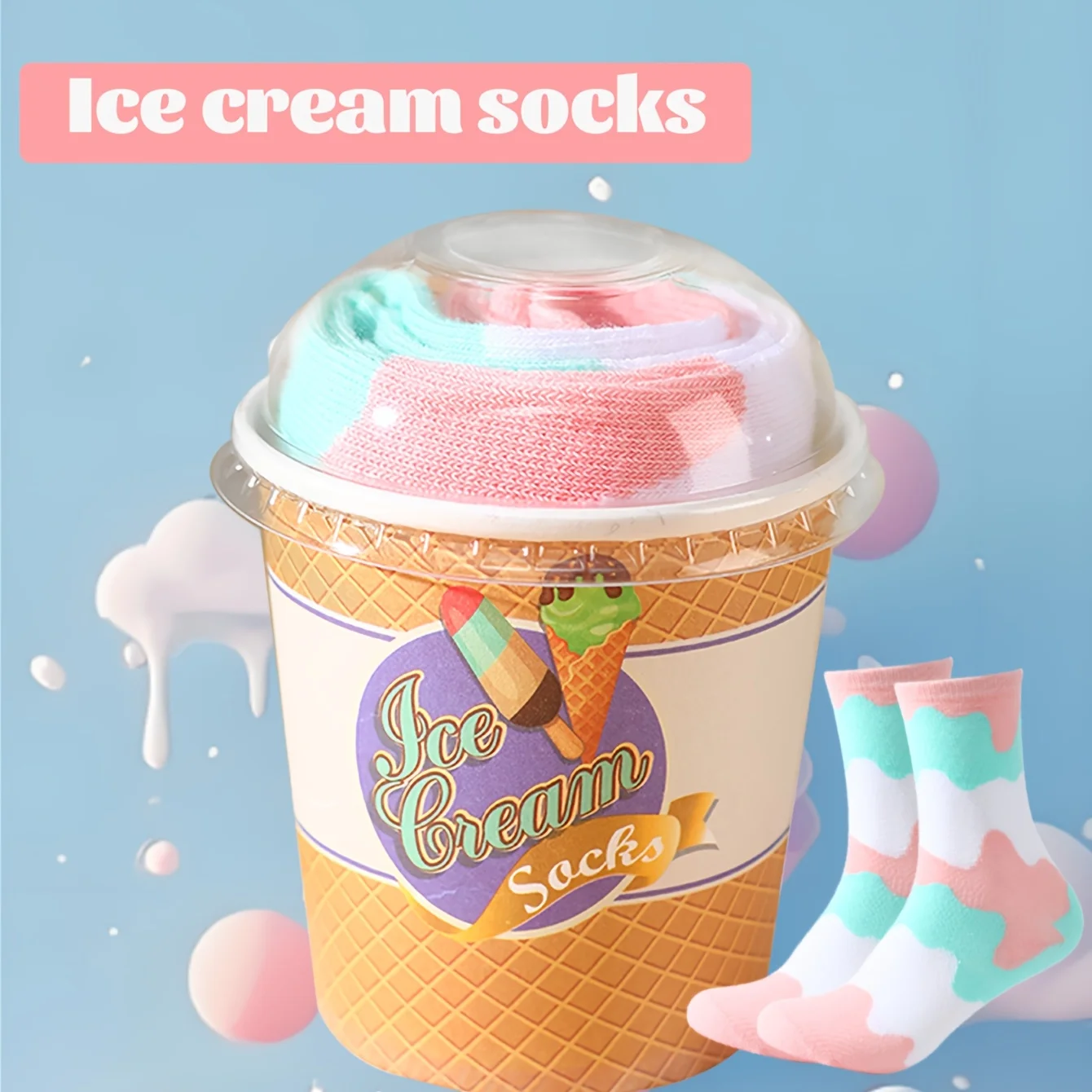1 Paar mittelhohe Herrensocken, geeignet für Männer und Frauen, neuartige und lustige bunte Eiscreme-Geschenkbox-Socken, europäischer und amerikanischer Modetrend-Stil, bequem und atmungsaktiv,