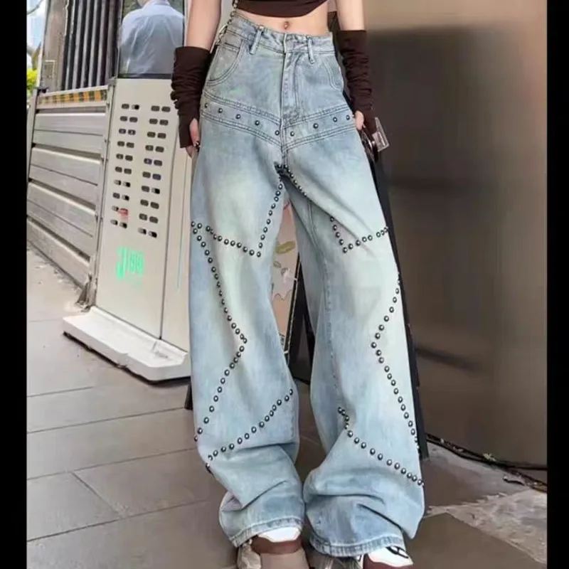 Punk Y2k Star Rivet Baggy Jeans For Women Hip Pop Loose Wide Leg Denim Pants Korean Fashion Trousers Female Trendy Clothes 2024