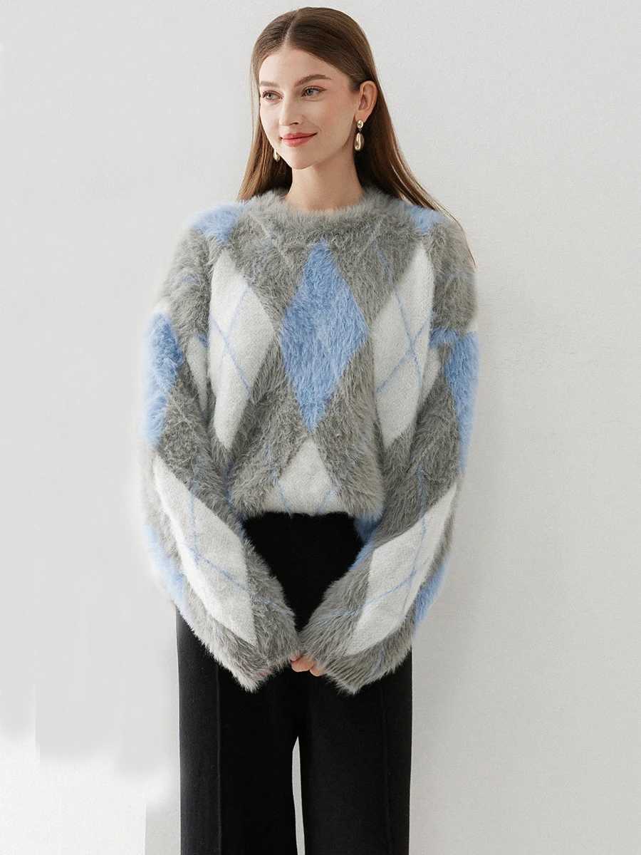 Vintage Diamond Plaid Colorblocked Jumper Fuzzy Knitter Pullover Sweater Crew Neck Loost Fit Autumn Winter Women Outerwear C-024