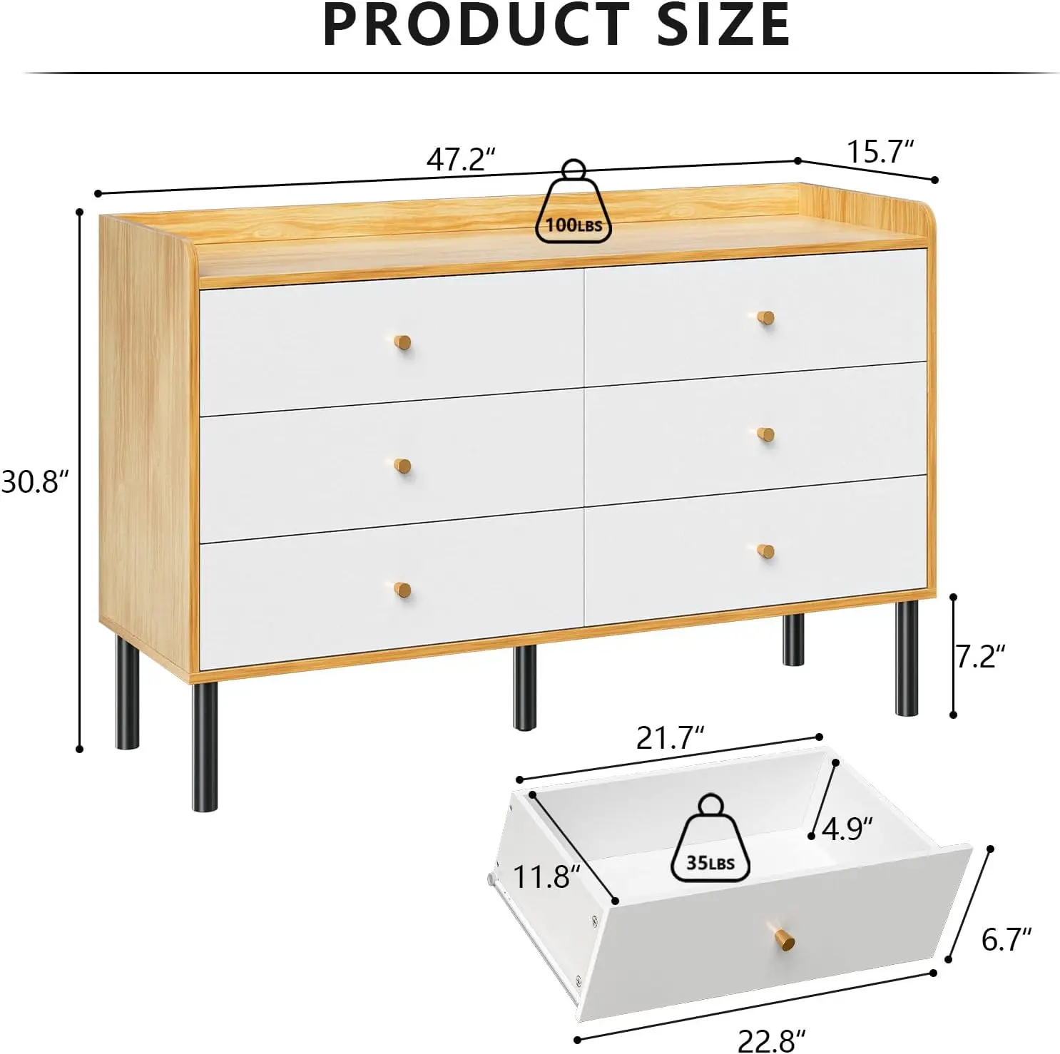 Commode en bois naturel à 6 tiroirs avec poignées en métal, commode de chambre moderne pour couloir ou entrée