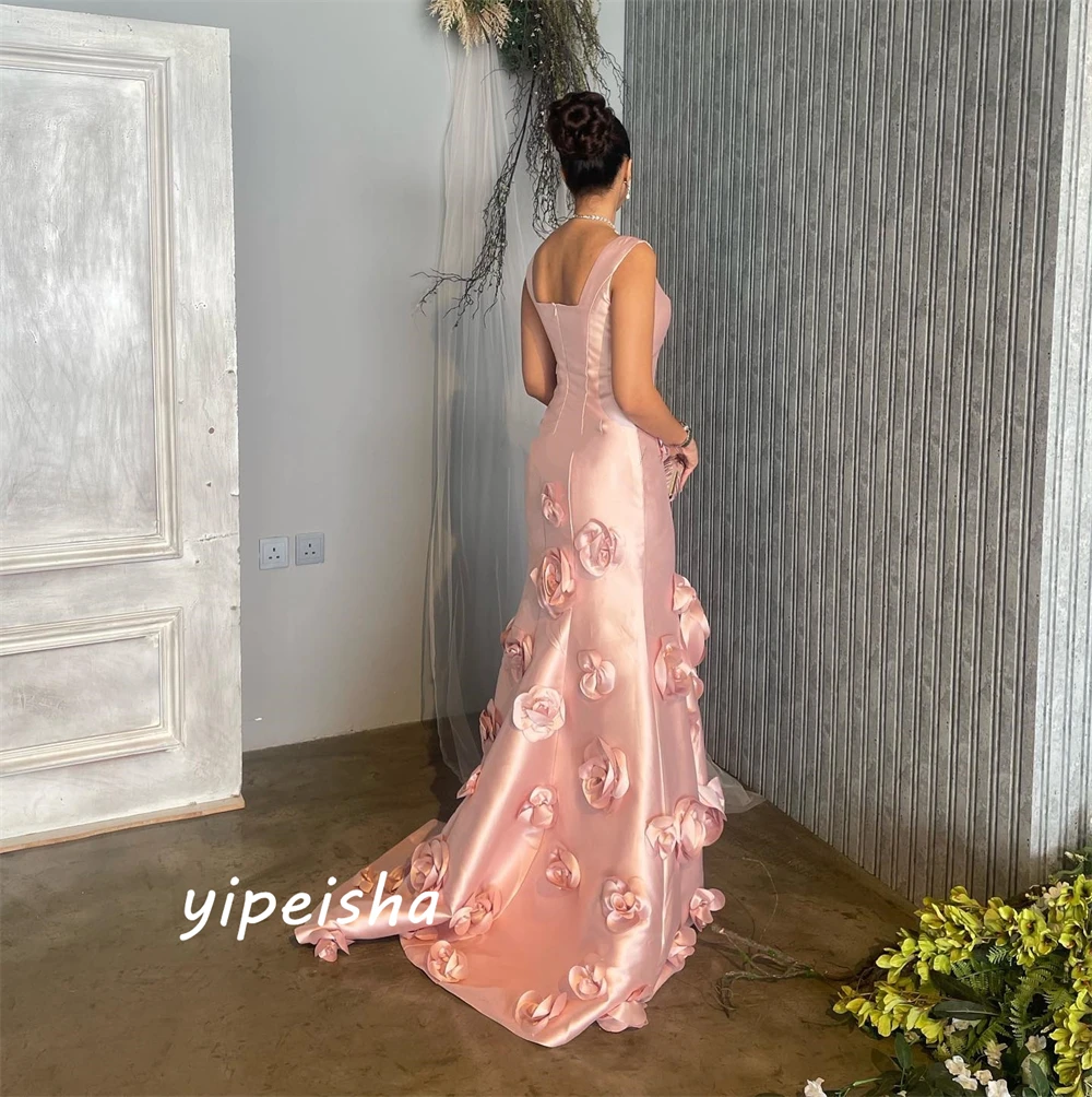 Customized  Satin Flower Draped Pleat Graduation A-line Square Collar Bespoke Occasion Gown Long Dresses